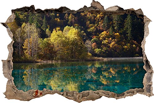 Pixxprint 3D_WD_S1201_62x42 herbstlicher Wald an klarem Bergsee Wanddurchbruch 3D Wandtattoo, Vinyl, bunt, 62 x 42 x 0,02 cm von Pixxprint