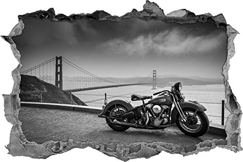 Pixxprint 3D_WD_S2025_62x42 edles Harley Bike an gigantischer Golden Gate Bridge Wanddurchbruch 3D Wandtattoo, Vinyl, bunt, 62 x 42 x 0,02 cm von Pixxprint