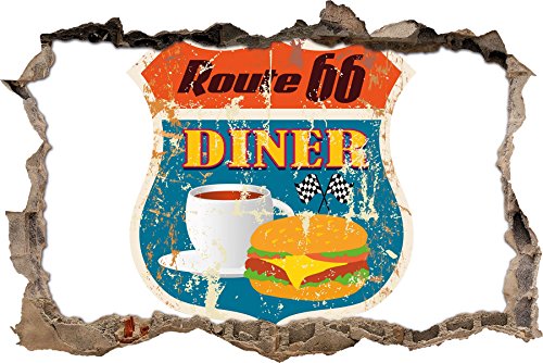 Pixxprint 3D_WD_S2134_92x62 abgenutztes Route 66 Schild mit Diner Wanddurchbruch 3D Wandtattoo, Vinyl, bunt, 92 x 62 x 0,02 cm von Pixxprint