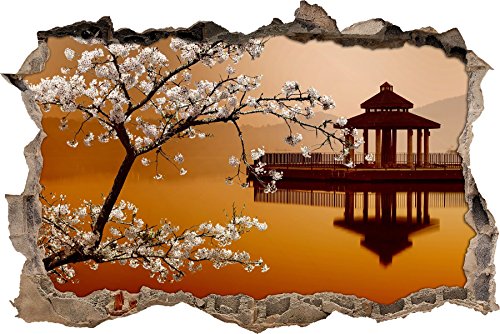 Pixxprint 3D_WD_S2245_92x62 wundervoller Kirschbaum an Japanischem See Wanddurchbruch 3D Wandtattoo, Vinyl, bunt, 92 x 62 x 0,02 cm von Pixxprint