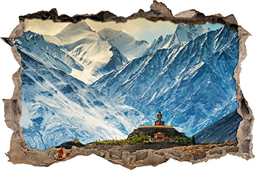 Pixxprint 3D_WD_S2283_92x62 gewaltige Berge mit kleinem Tempel in Tibet Wanddurchbruch 3D Wandtattoo, Vinyl, bunt, 92 x 62 x 0,02 cm von Pixxprint