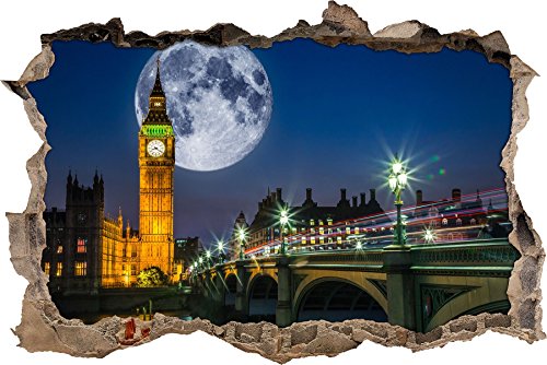 Pixxprint 3D_WD_S2395_62x42 berühmter Big Ben vor gigantischem Mond Wanddurchbruch 3D Wandtattoo, Vinyl, bunt, 62 x 42 x 0,02 cm von Pixxprint