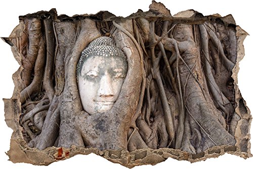 Pixxprint 3D_WD_S2414_92x62 verwachsener Buddha Kopf in altem Baum Wanddurchbruch 3D Wandtattoo, Vinyl, bunt, 92 x 62 x 0,02 cm von Pixxprint