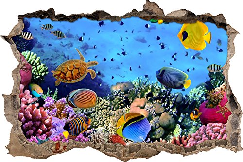 Pixxprint 3D_WD_S2562_92x62 wundervolle Fische im Korallenriff Wanddurchbruch 3D Wandtattoo, Vinyl, bunt, 92 x 62 x 0,02 cm von Pixxprint