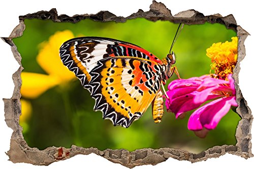 Pixxprint 3D_WD_S2661_92x62 atemberaubender Schmetterling auf rosa Blüte Wanddurchbruch 3D Wandtattoo, Vinyl, bunt, 92 x 62 x 0,02 cm von Pixxprint