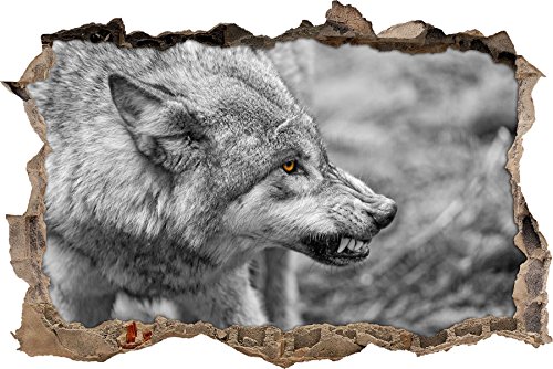 Pixxprint 3D_WD_S4907_62x42 angriffsbereiter Wolf Wanddurchbruch 3D Wandtattoo, Vinyl, schwarz / weiß, 62 x 42 x 0,02 cm von Pixxprint