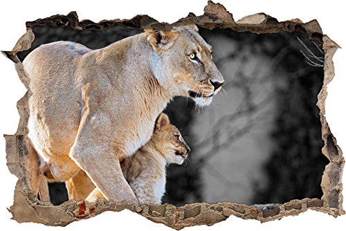 Pixxprint 3D_WD_S4960_62x42 beschützende Löwenmutter mit kleinem Jungtier Wanddurchbruch 3D Wandtattoo, Vinyl, schwarz / weiß, 62 x 42 x 0,02 cm von Pixxprint
