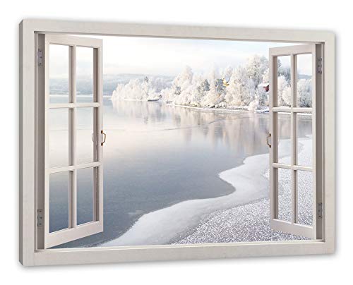 Pixxprint Atemberaubende Winterlandschaft, Fenster Leinwandbild | Größe: 100x70 cm | Wandbild | Kunstdruck von Pixxprint