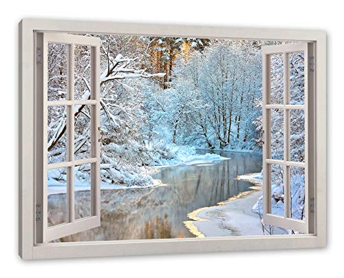 Pixxprint Atemberaubende Winterlandschaft, Fenster Leinwandbild | Größe: 100x70 cm | Wandbild | Kunstdruck von Pixxprint