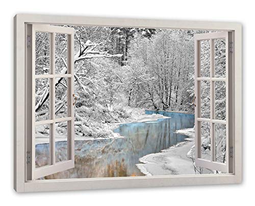Pixxprint Atemberaubende Winterlandschaft, Fenster Leinwandbild | Größe: 120x80 cm | Wandbild | Kunstdruck von Pixxprint
