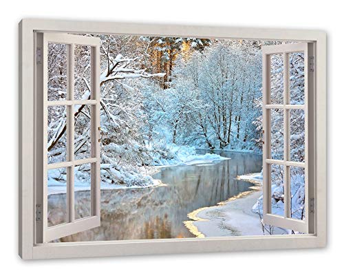 Pixxprint Atemberaubende Winterlandschaft, Fenster Leinwandbild | Größe: 80x60 cm | Wandbild | Kunstdruck von Pixxprint