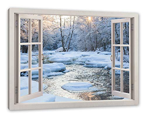 Pixxprint Bach in Winterlandschaft, Fenster Leinwandbild | Größe: 120x80 cm | Wandbild | Kunstdruck von Pixxprint