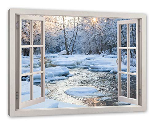 Pixxprint Bach in Winterlandschaft, Fenster Leinwandbild | Größe: 60x40 cm | Wandbild | Kunstdruck von Pixxprint