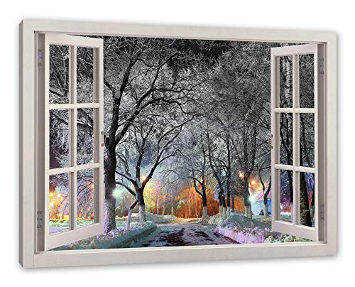 Pixxprint Baumallee im Winter, Fenster Leinwandbild | Größe: 120x80 cm | Wandbild | Kunstdruck von Pixxprint