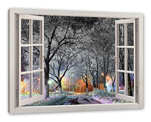 Pixxprint Baumallee im Winter, Fenster Leinwandbild | Größe: 60x40 cm | Wandbild | Kunstdruck von Pixxprint