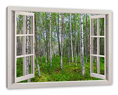 Pixxprint Birkenwald, Fenster Leinwandbild | Größe: 120x80 cm | Wandbild | Kunstdruck von Pixxprint