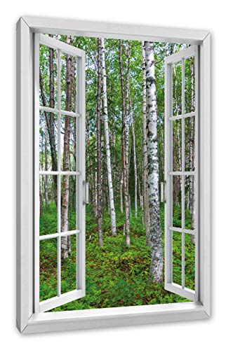 Pixxprint Birkenwald, Fenster Leinwandbild | Größe: 80x60 cm | Wandbild | Kunstdruck von Pixxprint