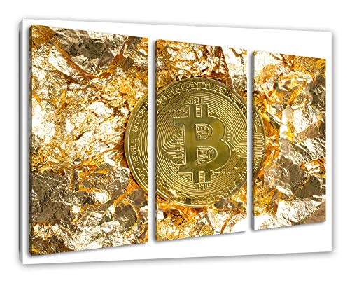 Pixxprint Bitcoin BTC Goldpapierals Leinwandbild 3 teilig | Größe: 120x80 cm | Wandbild | Kunstdruck | fertig bespannt von Pixxprint