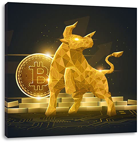 Pixxprint Bitcoin BTC mit goldenem Stier als Leinwandbild Quadratisch| Größe: 40x40 cm | Wandbild | Kunstdruck | fertig bespannt von Pixxprint