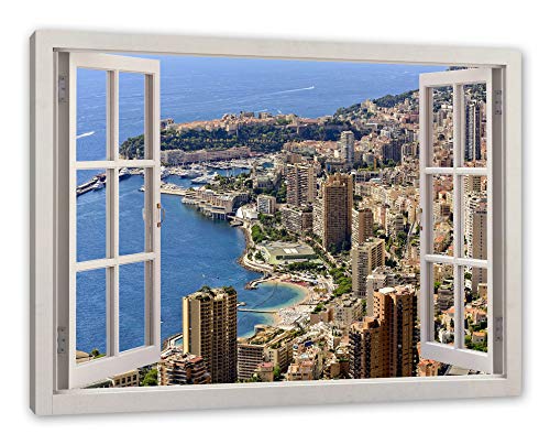 Pixxprint Blick auf das Monte Carlo, Fenster Leinwandbild | Größe: 80x60 cm | Wandbild | Kunstdruck von Pixxprint