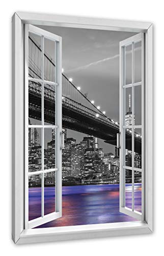 Pixxprint Brooklyn Bidge mit Sicht auf Stadt, Fenster Leinwandbild | Größe: 60x40 cm | Wandbild | Kunstdruck von Pixxprint