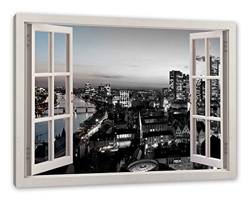 Pixxprint Frankfurter Skyline, Fenster Leinwandbild | Größe: 120x80 cm | Wandbild | Kunstdruck von Pixxprint