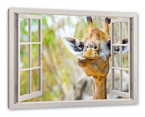 Pixxprint Giraffe in der Natur, Fenster Leinwandbild | Größe: 60x40 cm | Wandbild | Kunstdruck von Pixxprint