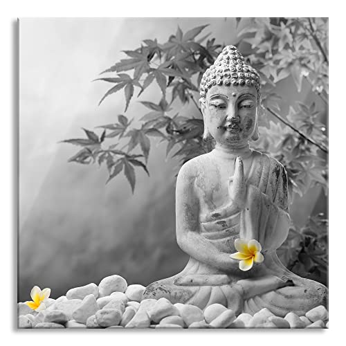 Pixxprint Glasbild | Wandbild auf Echtglas | Buddha mit Monoi Blüte in der Hand | 40x40 cm | inkl. Aufhängung und Abstandshalter von Pixxprint