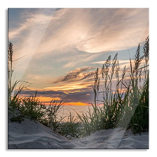 Pixxprint Glasbild | Wandbild auf Echtglas | Gras am Strand bei Sonnenuntergang | 50x50 cm | inkl. Aufhängung und Abstandshalter von Pixxprint