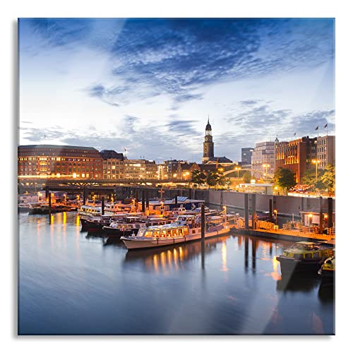 Pixxprint Glasbild | Wandbild auf Echtglas | Hamburger Hafen am Abend | 80x80 cm | inkl. Aufhängung und Abstandshalter von Pixxprint