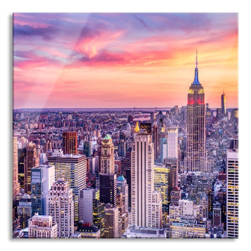 Pixxprint Glasbild | Wandbild auf Echtglas | New York City bei Sonnenuntergang | 70x70 cm | inkl. Aufhängung und Abstandshalter von Pixxprint