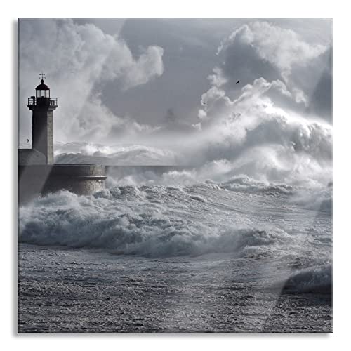 Pixxprint Glasbild | Wandbild auf Echtglas | Sturmwellen Leuchtturm Portugal | 80x80 cm | inkl. Aufhängung und Abstandshalter von Pixxprint