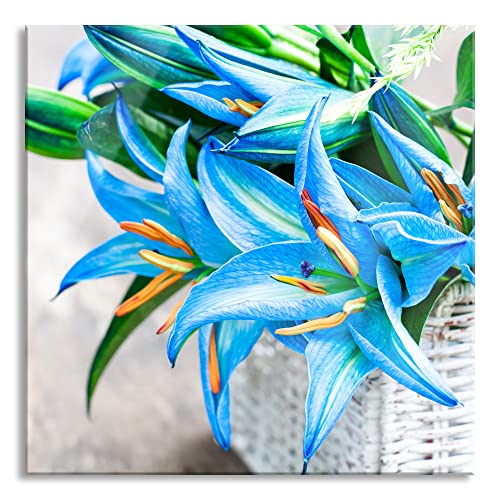 Pixxprint Glasbild | Wandbild auf Echtglas | schöne blaue Blumen im Körbchen | 40x40 cm | inkl. Aufhängung und Abstandshalter von Pixxprint