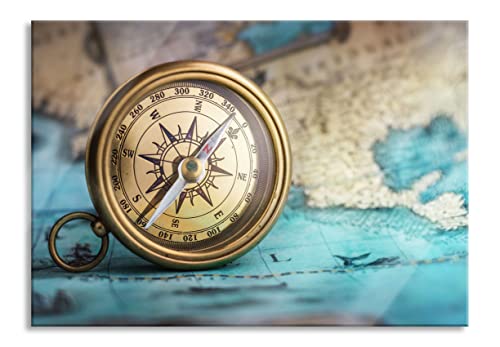 Pixxprint Glasbild | Wandbild aus Echtglas | Alter Kompass auf Weltkarte | 80x60 cm | inkl. Aufhängung und Abstandshalter von Pixxprint