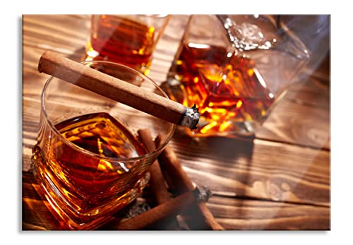 Pixxprint Glasbild | Wandbild aus Echtglas | Edler Whiskey mit Zigarre | 80x60 cm | inkl. Aufhängung und Abstandshalter von Pixxprint