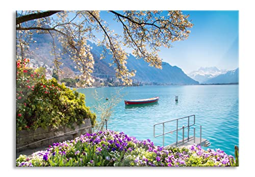 Pixxprint Glasbild | Wandbild aus Echtglas | Genfer See im Sonnenschein | 80x60 cm | inkl. Aufhängung und Abstandshalter von Pixxprint