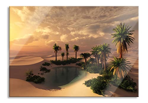 Pixxprint Glasbild | Wandbild aus Echtglas | Oase in der Wüste bei Sonnenuntergang | 100x70 cm | inkl. Aufhängung und Abstandshalter von Pixxprint