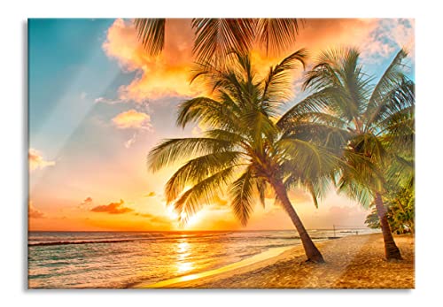 Pixxprint Glasbild | Wandbild aus Echtglas | Palmen im Sonnenuntergang auf Barbados | 80x60 cm | inkl. Aufhängung und Abstandshalter von Pixxprint