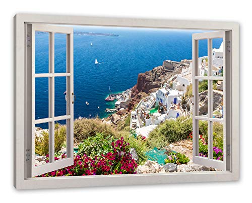Pixxprint Griechische Küste, Fenster Leinwandbild | Größe: 100x70 cm | Wandbild | Kunstdruck von Pixxprint