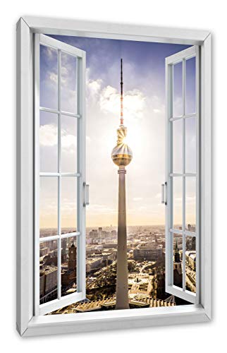 Pixxprint Großstadt Fernsehturm Berlin City, Fenster Leinwandbild | Größe: 120x80 cm | Wandbild | Kunstdruck von Pixxprint