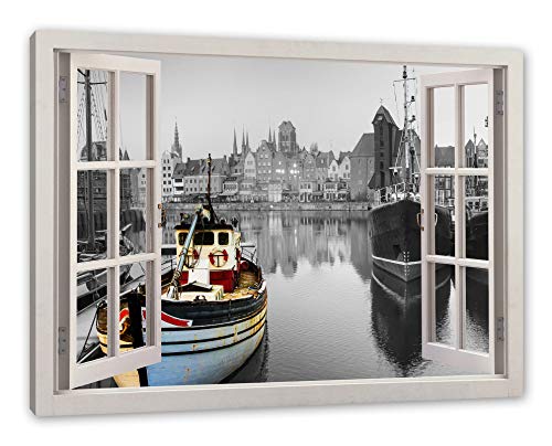 Pixxprint Hafen in Danzig - Polen, Fenster Leinwandbild | Größe: 120x80 cm | Wandbild | Kunstdruck von Pixxprint