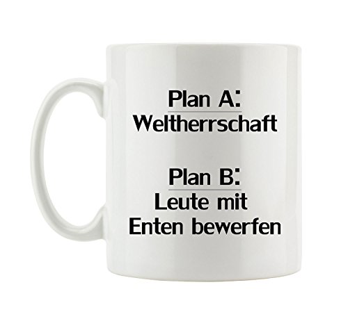 Pixxprint J.Roxx Plan A: Weltherrschaft Plan B: Leute mit Enten bewerfen Tasse, ca. 300ml Fassungsvermögen, Keramik Weiß, Spülmaschinenfest von Pixxprint