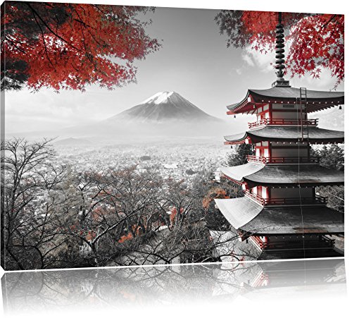 Pixxprint Japanischer Tempel im Herbst Schwarz, B&W, Größe: 120x80cm, Leinwandbild, fertig gespannt, Wandbild, Dekoration, Kunstdruck, kein Poster von Pixxprint