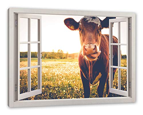 Pixxprint Kuh auf Butterblumenwiese, Fenster Leinwandbild | Größe: 100x70 cm | Wandbild | Kunstdruck von Pixxprint