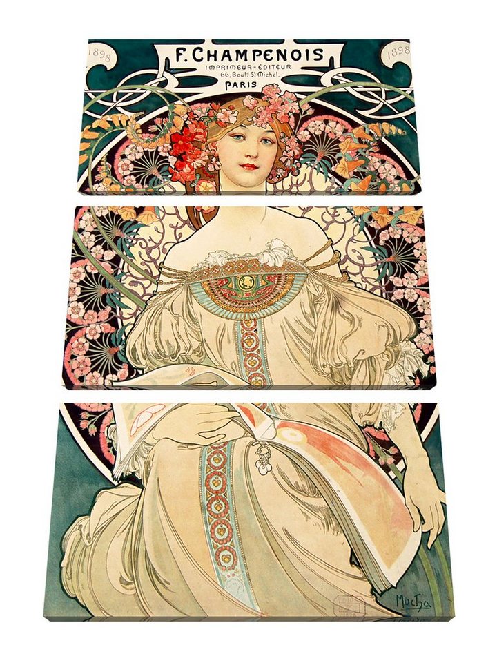 Pixxprint Leinwandbild Alfons Mucha - Frau umringt von Blumen, Alfons Mucha - Frau umringt von Blumen 3Teiler (120x80) (1 St), Leinwandbild fertig bespannt, inkl. Zackenaufhänger von Pixxprint