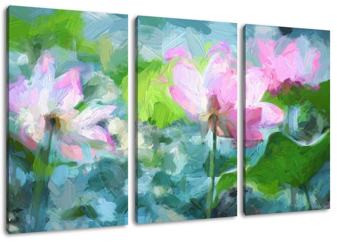 Pixxprint Leinwandbild Asiatische Lotusblüte im Teich, Asiatische Lotusblüte im Teich 3Teiler (120x80cm) (1 St), Leinwandbild fertig bespannt, inkl. Zackenaufhänger von Pixxprint