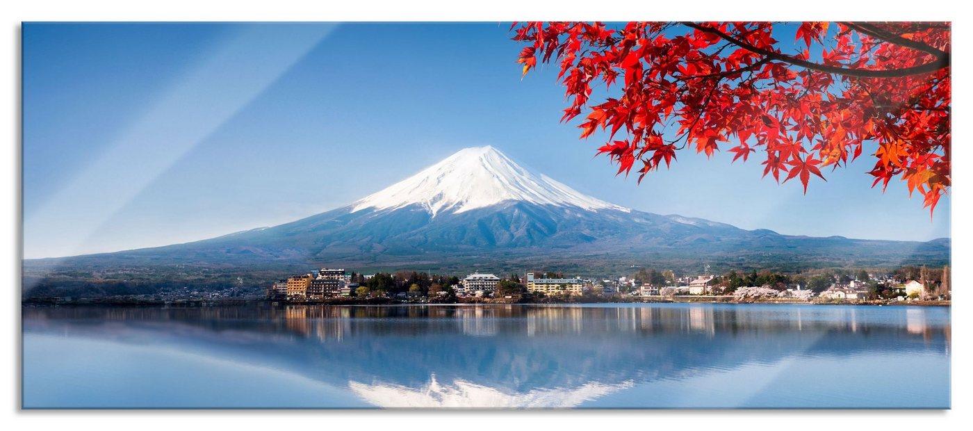 Pixxprint Glasbild Berg Fujiyama mit herbstlich rotem Baum, Berg Fujiyama mit herbstlich rotem Baum (1 St), Glasbild aus Echtglas, inkl. Aufhängungen und Abstandshalter von Pixxprint