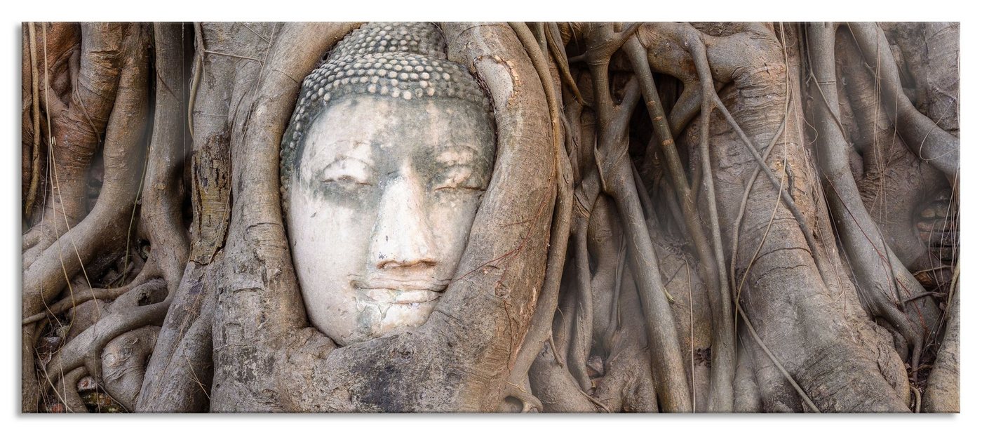 Pixxprint Glasbild Buddha Kopf im Baum, Buddha Kopf im Baum (1 St), Glasbild aus Echtglas, inkl. Aufhängungen und Abstandshalter von Pixxprint