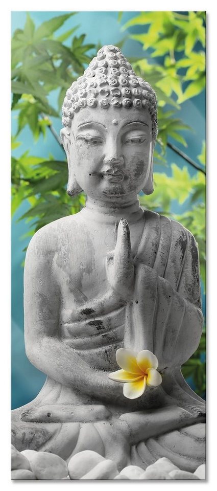 Pixxprint Glasbild Buddha auf Steinen mit Monoi Blüte, Buddha auf Steinen mit Monoi Blüte (1 St), Glasbild aus Echtglas, inkl. Aufhängungen und Abstandshalter von Pixxprint