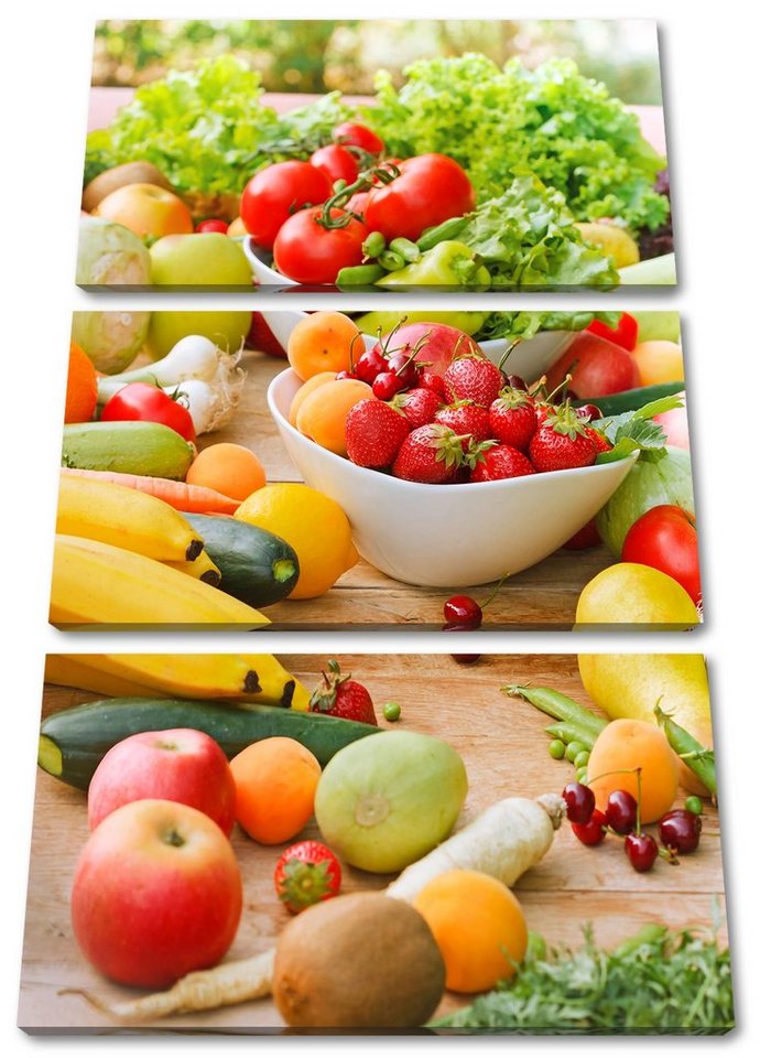 Pixxprint Leinwandbild Buntes Obst und Gemüse, Buntes Obst und Gemüse 3Teiler (120x80cm) (1 St), Leinwandbild fertig bespannt, inkl. Zackenaufhänger von Pixxprint